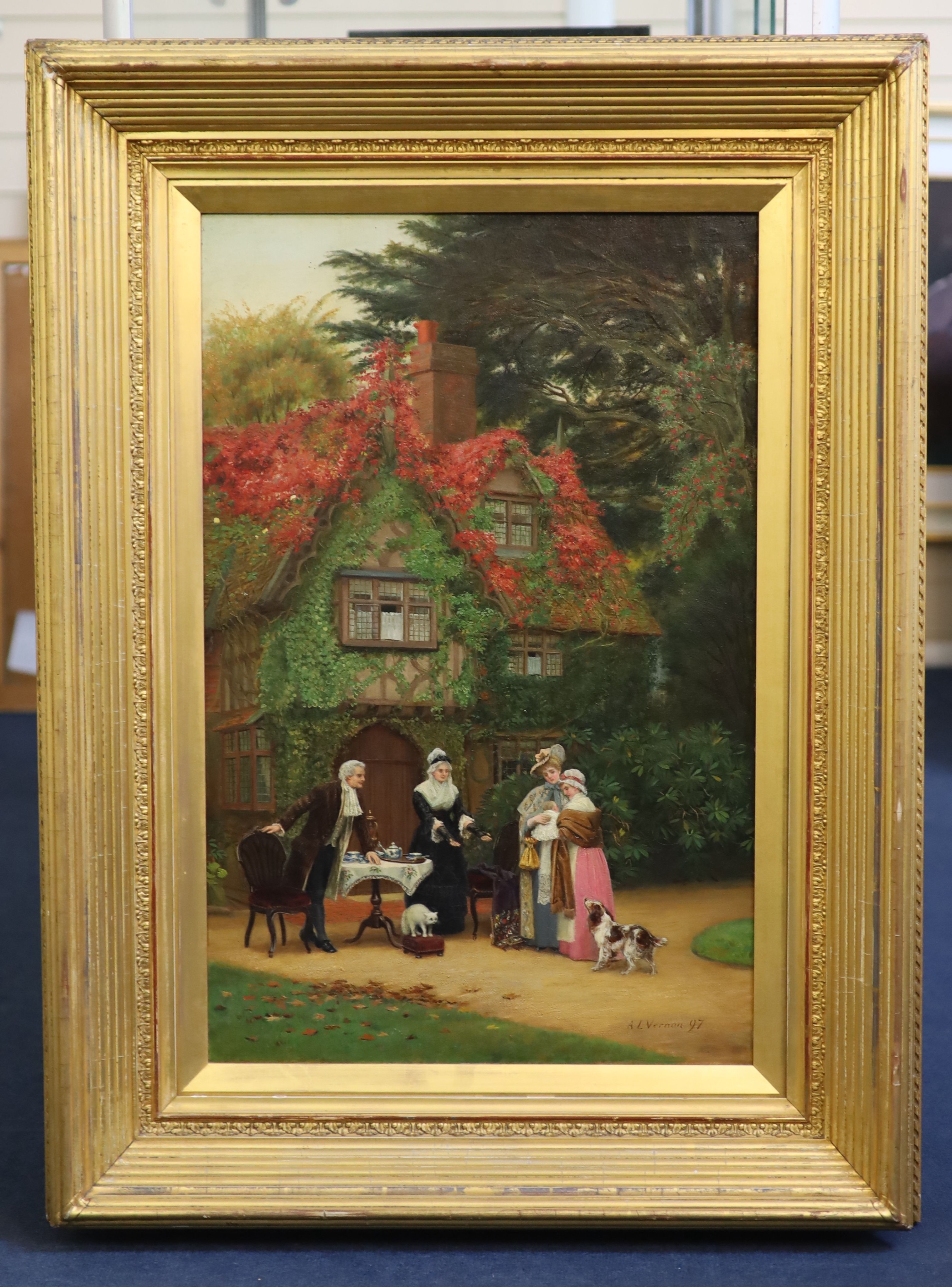 Arthur Langley Vernon (Exh.1880-1917), Georgian tea party before a country house, oil on canvas, 70 x 45cm